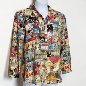 John Mark Comic Strip Pop Art Blouse Tunic Graphic Novel Print Pockets Size M